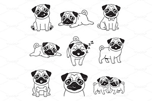 Adorable set of cartoon pug dogs., an Animal Illustration by yod67