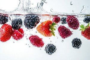 Different berries falling into water on white background, a Food & Drink Photo by AlyaAnd