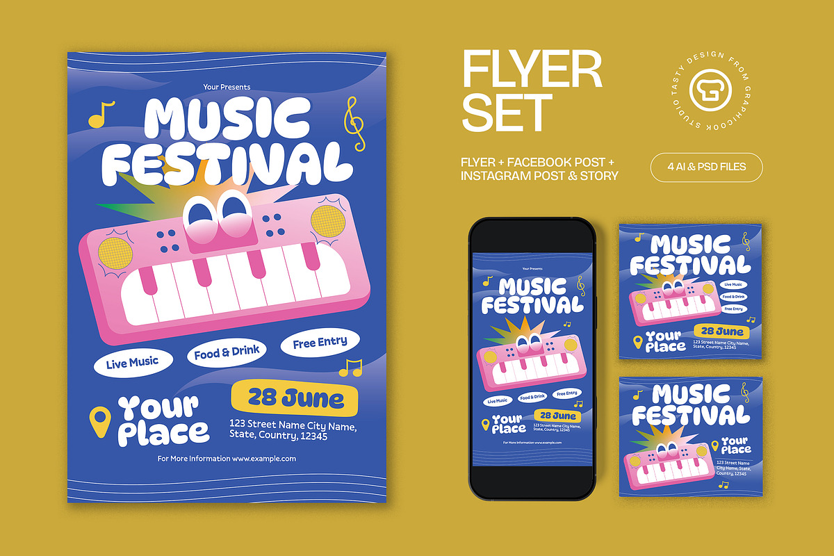 Blue Quirky Music Festival Flyer Set, a Flyer Template by graphicook (Photo 1 of 3)