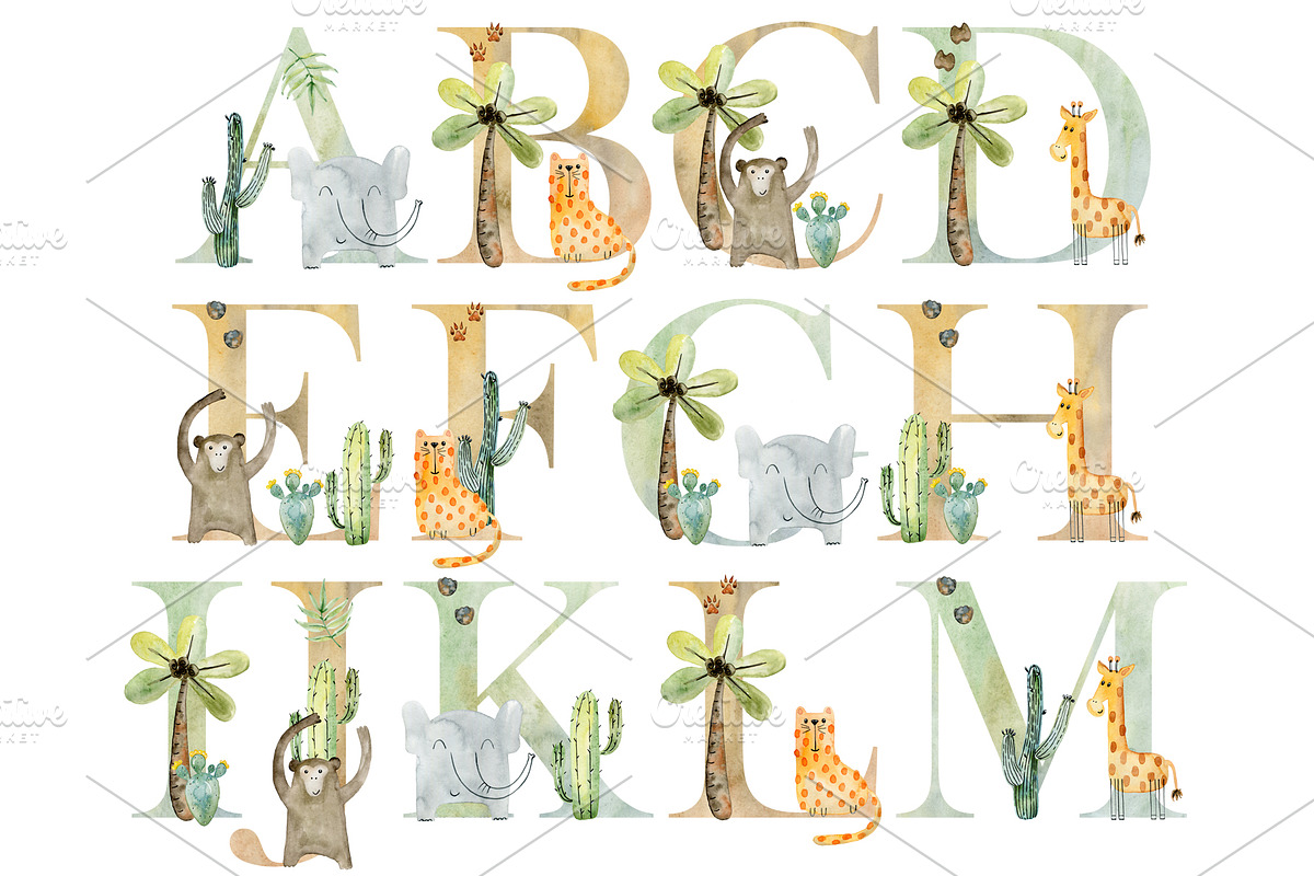 Watercolor safari clipart. Alphabet., an Animal Illustration by TaPilipa (Photo 6 of 13)