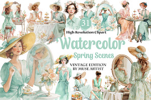Watercolor Spring Scenes Clipart, an Illustration by DreamArtGraphic