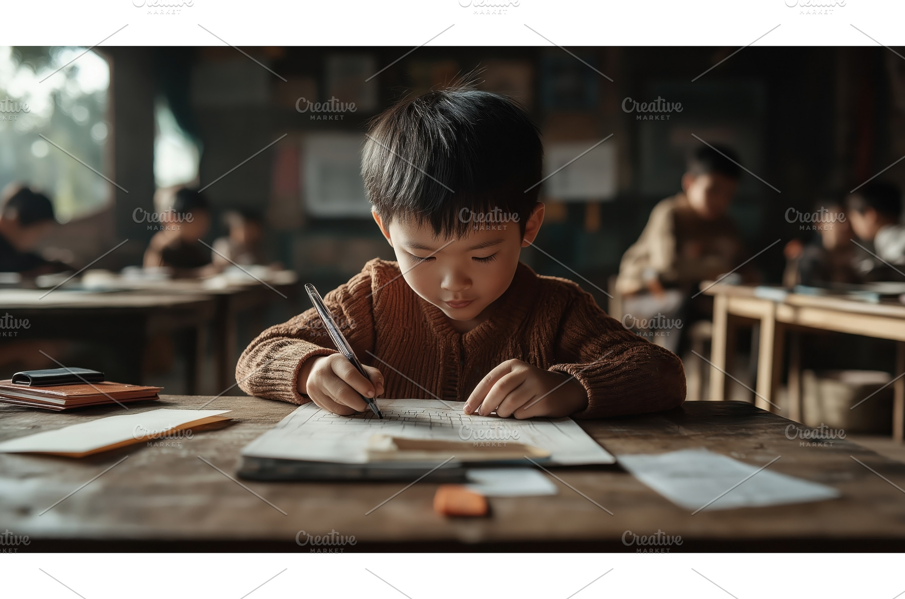 Asian boy concentrating on writing, a Person Photo by Sergey Kotenev