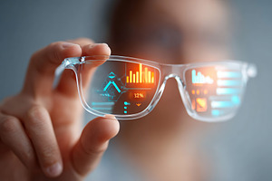 Glasses display augmented reality interface with startup metrics and data analy, a Technology Photo by AlyaAnd
