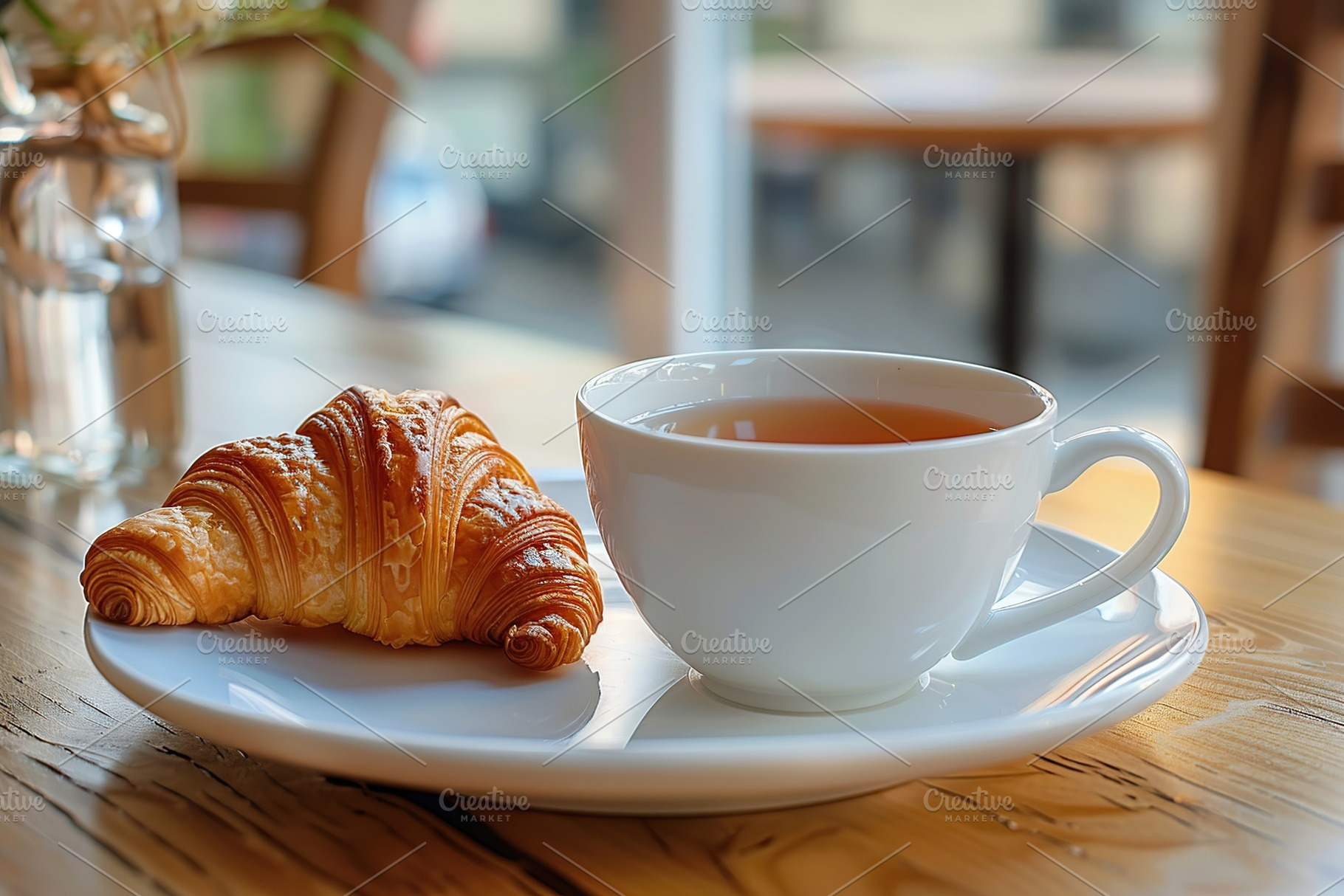 Cup of coffee and croissant on table in cafe with sunlights, a Food & Drink Photo by AlyaAnd