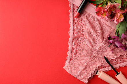 Concept of womens clothes with underwear on red background, a Beauty & Fashion Photo by AtlasStudio