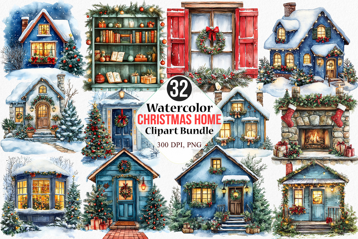 Watercolor Christmas Home Clipart, an Illustration by Canvas Craft (Photo 1 of 8)
