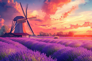 Serene Windmill in Lavender Field at Sunset Banner, an Abstract Photo by Natalia Klenova's Shop