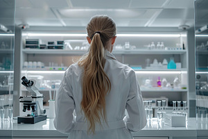 Back view of biochemical scientist working with microscope in ph, a Health & Medical Photo by AlyaAnd