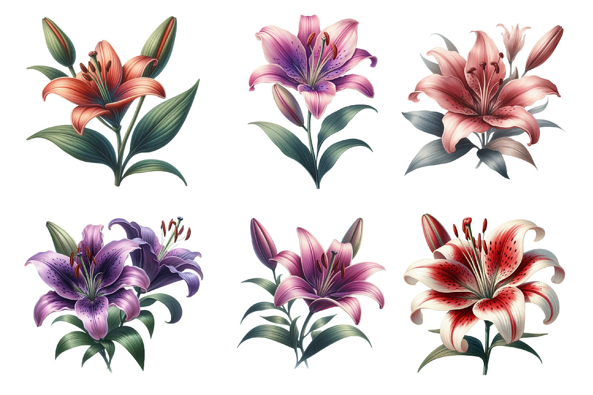 Retro Vintage Lilies Flower Clipart, an Illustration by SinaCreation (Photo 2 of 5)