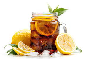 Glass jar with iced tea and lemon on white background, a Food & Drink Photo by AlyaAnd