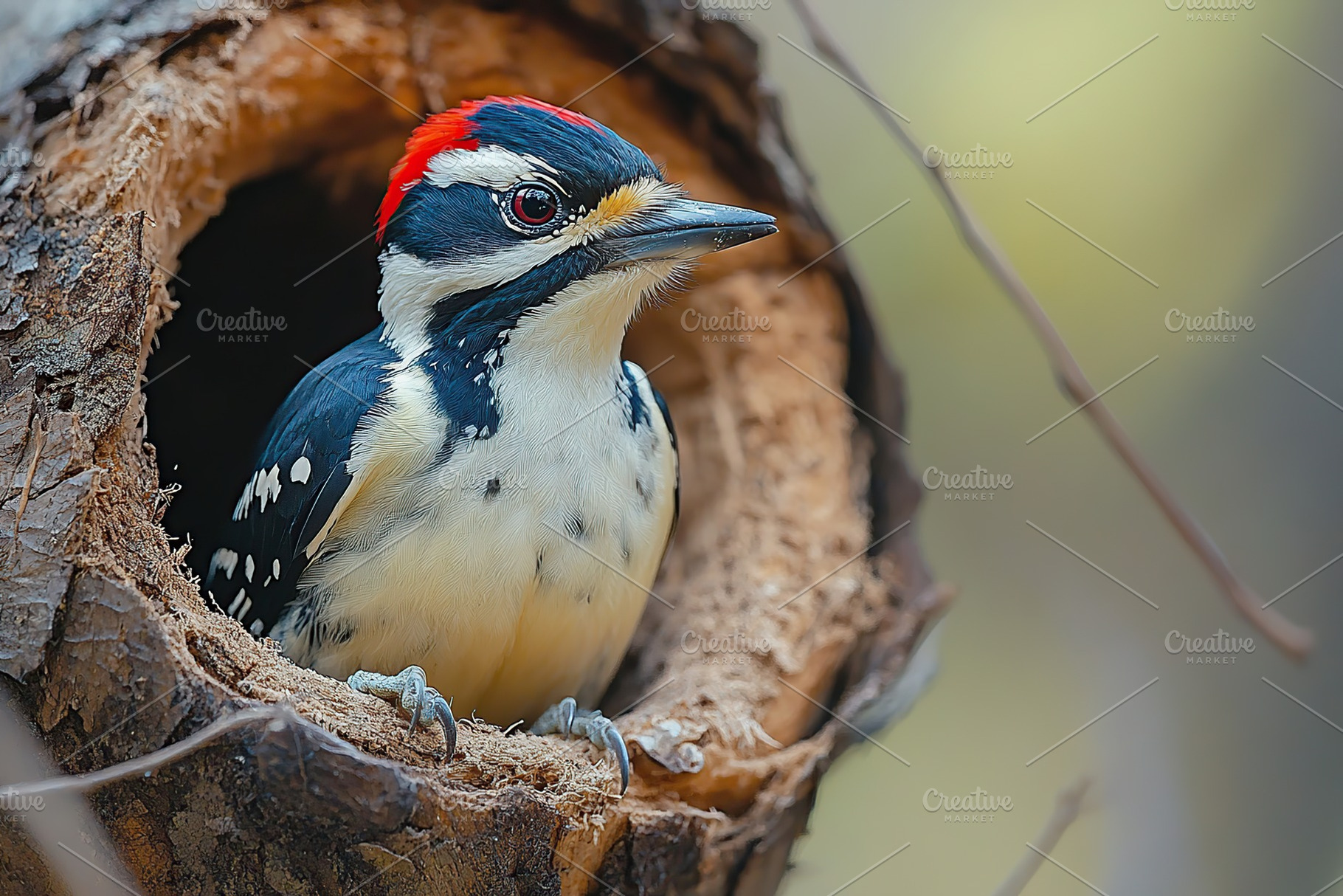 Woodpecker bird sitting in a hollow of tree trunk, an Animal Photo by AlyaAnd