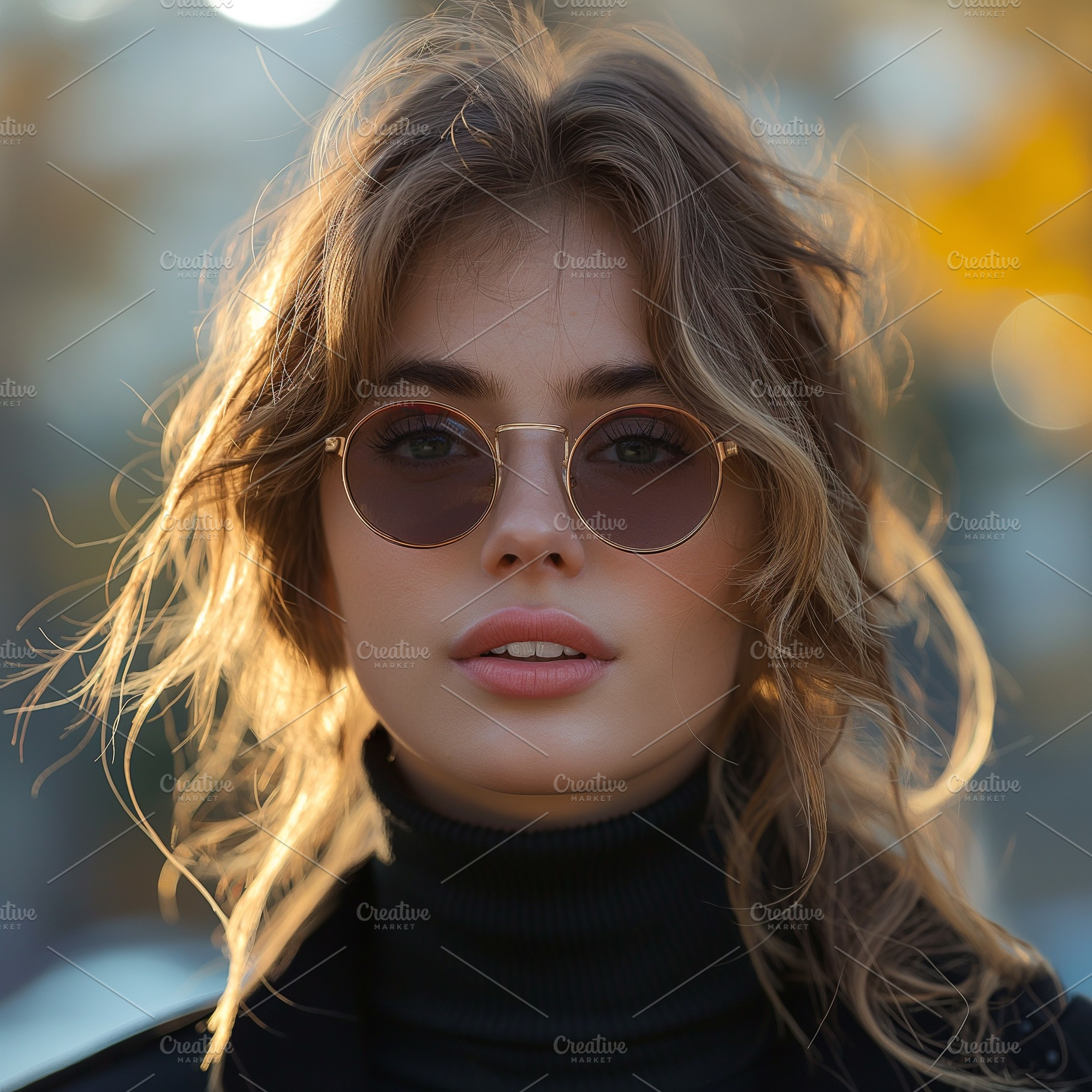 A young Caucasian woman with wavy hair wearing stylish sunglasses, exuding conf, a Person Photo by ImageMir