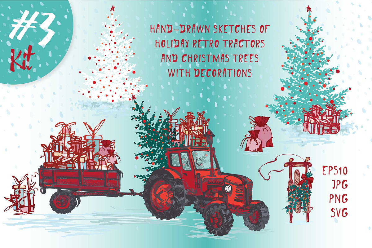 Set of Hand drawn Christmas tractors, a Decorative Illustration by Zimages (Photo 1 of 7)
