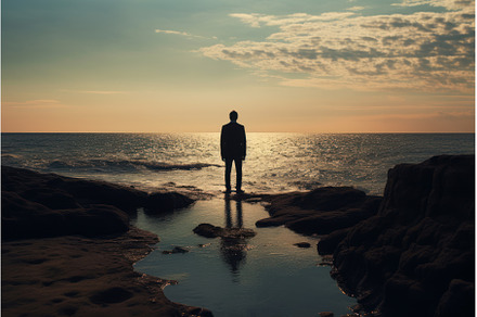 Man standing on shore. Generate Ai, a Sports & Recreation Photo by Ylivdesign