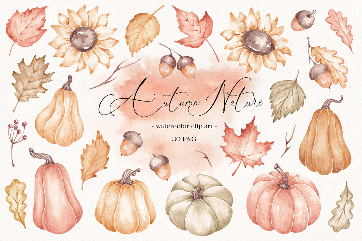 Watercolor Clipart Autumn Nature, a Seasonal Illustration by SirenaArt (Photo 1 of 6)