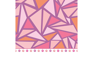 Vector pompom border trim on pink triangles mosaic seamless repeat pattern design background print. Perfect for clothing, fabric, home decor, wrapping projects.