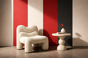 Circus retro stripes interior design with modern chair and table, a Photo by Dvoevnore photos