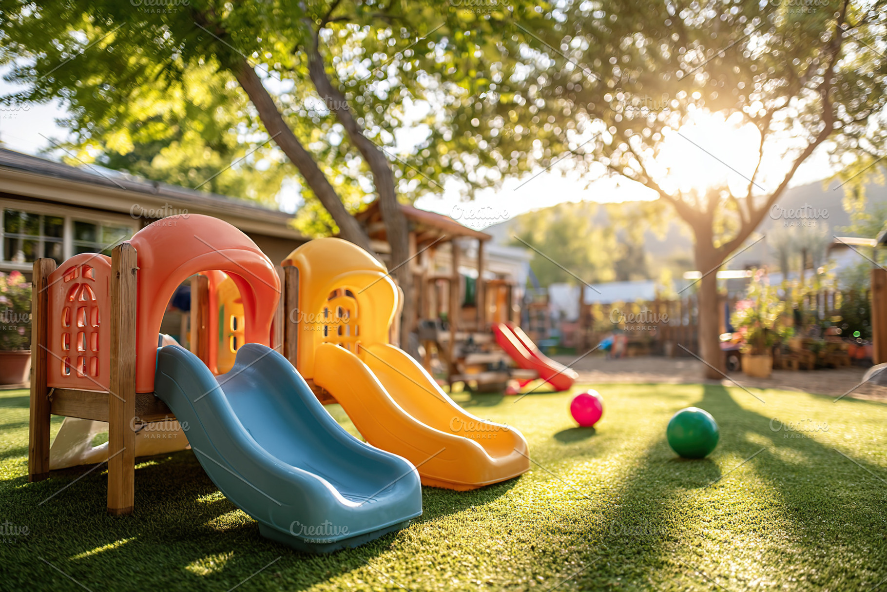 Bright playground with colorful slides under the warm sun at a daycare center i, a Photo by AlyaAnd