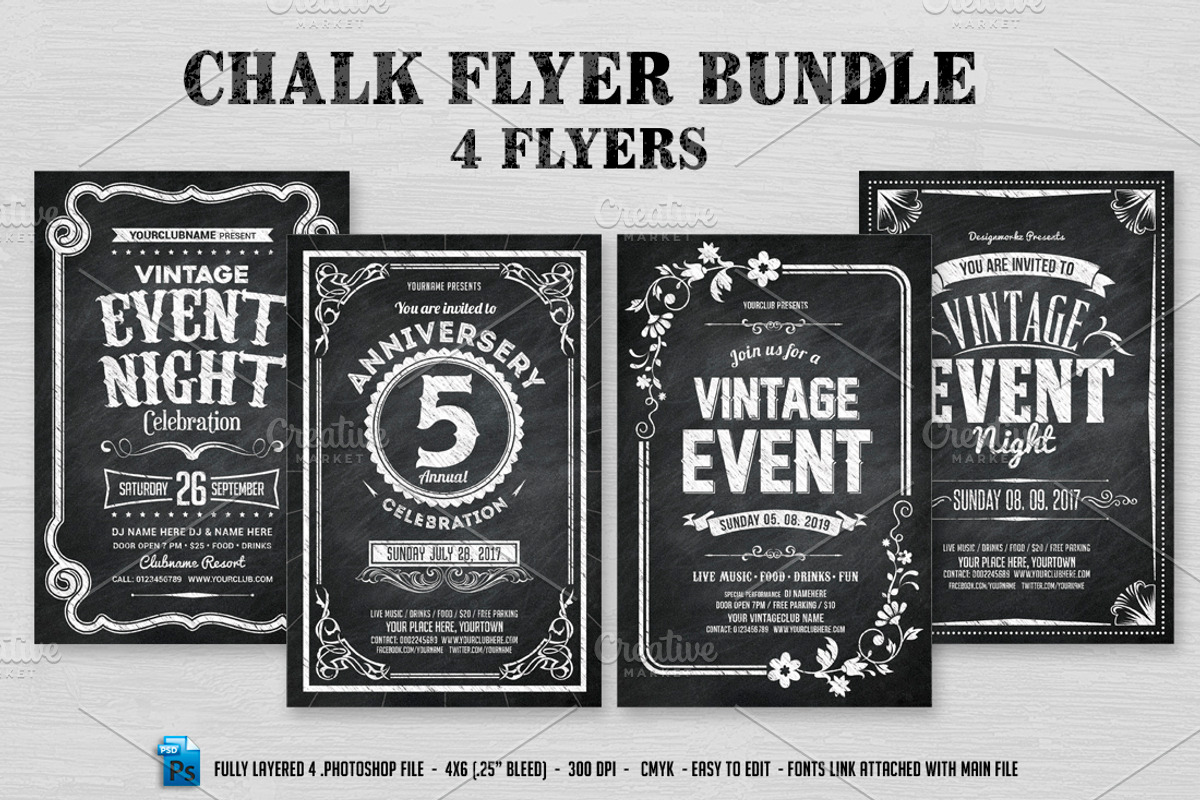4 Chalk Flyers Bundle, a Flyer Template by DesignWorkz (Photo 1 of 3)