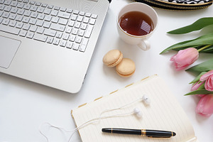 Modern flat lay styled desk mock up containing flat lay, modern, and clean