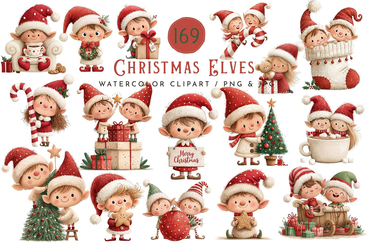 Whimsical Christmas Elves Clipart, a Seasonal Illustration by Nicolle's Colorful Art (Photo 1 of 6)