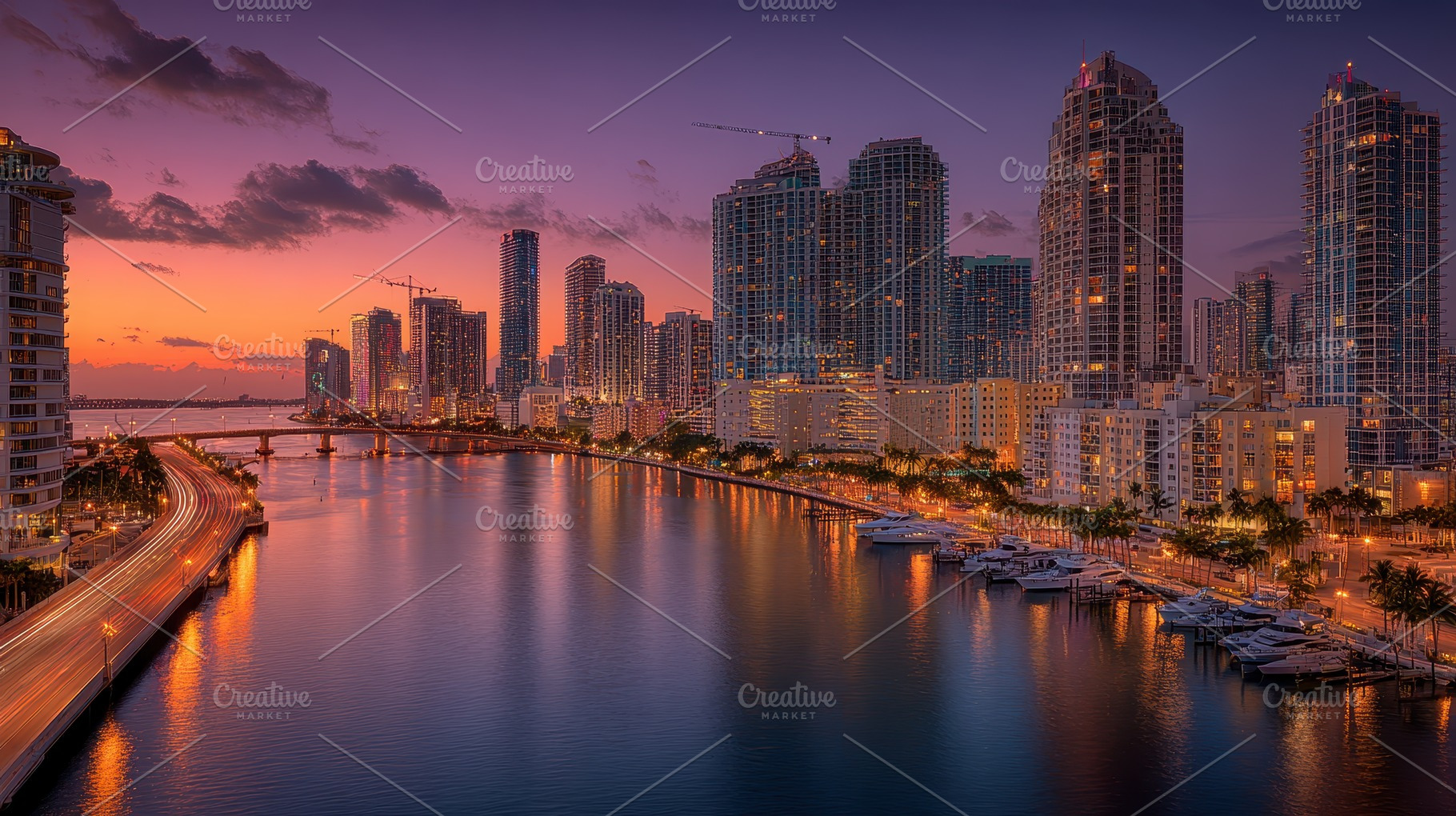 Miami sunset city skyline waterfront, a Photo by Pixeness Studio