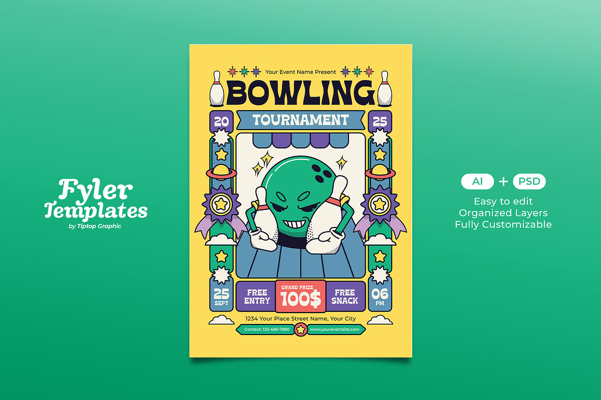 Retro Bowling Tournament Flyer, a Flyer Template by Tiptop Graphic (Photo 1 of 5)