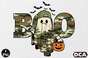 Camo BOO Halloween Sublimation PNG, an Illustration by DreamCafeArt