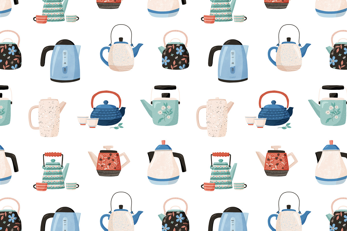 Teapots, kettles seamless patterns, a Pattern Graphic by Good Studio (Photo 2 of 5)