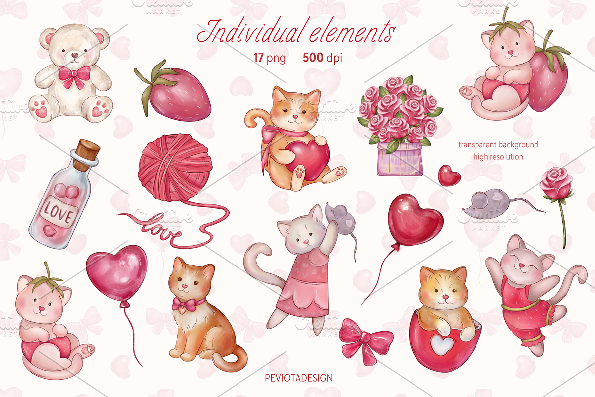 Cute kitties and teddy bears clipart, an Animal Illustration by Peviotadesign (Photo 2 of 11)