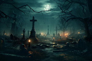 Graveyard With Candles On Halloween,