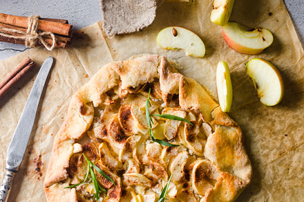 Homemade apple and cinnamon galette on old concrete  background., a Food & Drink Photo by vimart