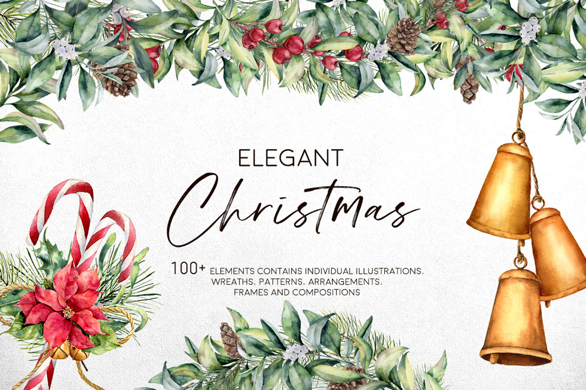 Elegant Christmas Watercolor clipart, a Seasonal Illustration by Yuliya Derbisheva (Photo 1 of 13)