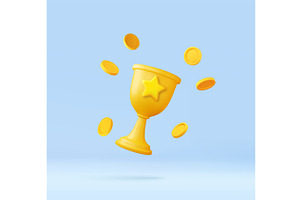 3D golden trophy with flying coins, a Person Illustration by ModVector