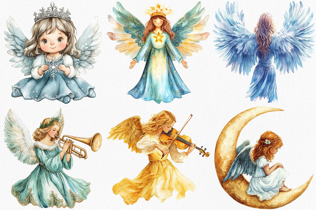 Watercolor Christmas Angel Clipart, an Illustration by Canvas Craft (Photo 2 of 7)