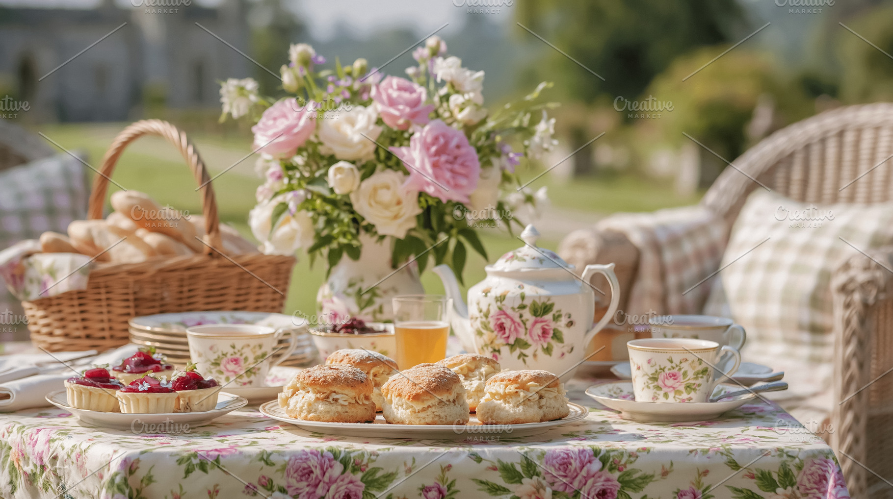 Traditional afternoon tea party set in a peaceful garden, enjoying fresh scones, a Photo by Studio ANNA