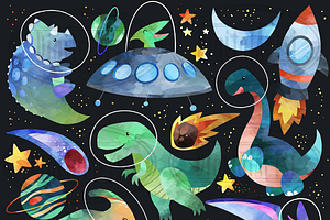 Watercolor Space Dinosaurs Clipart