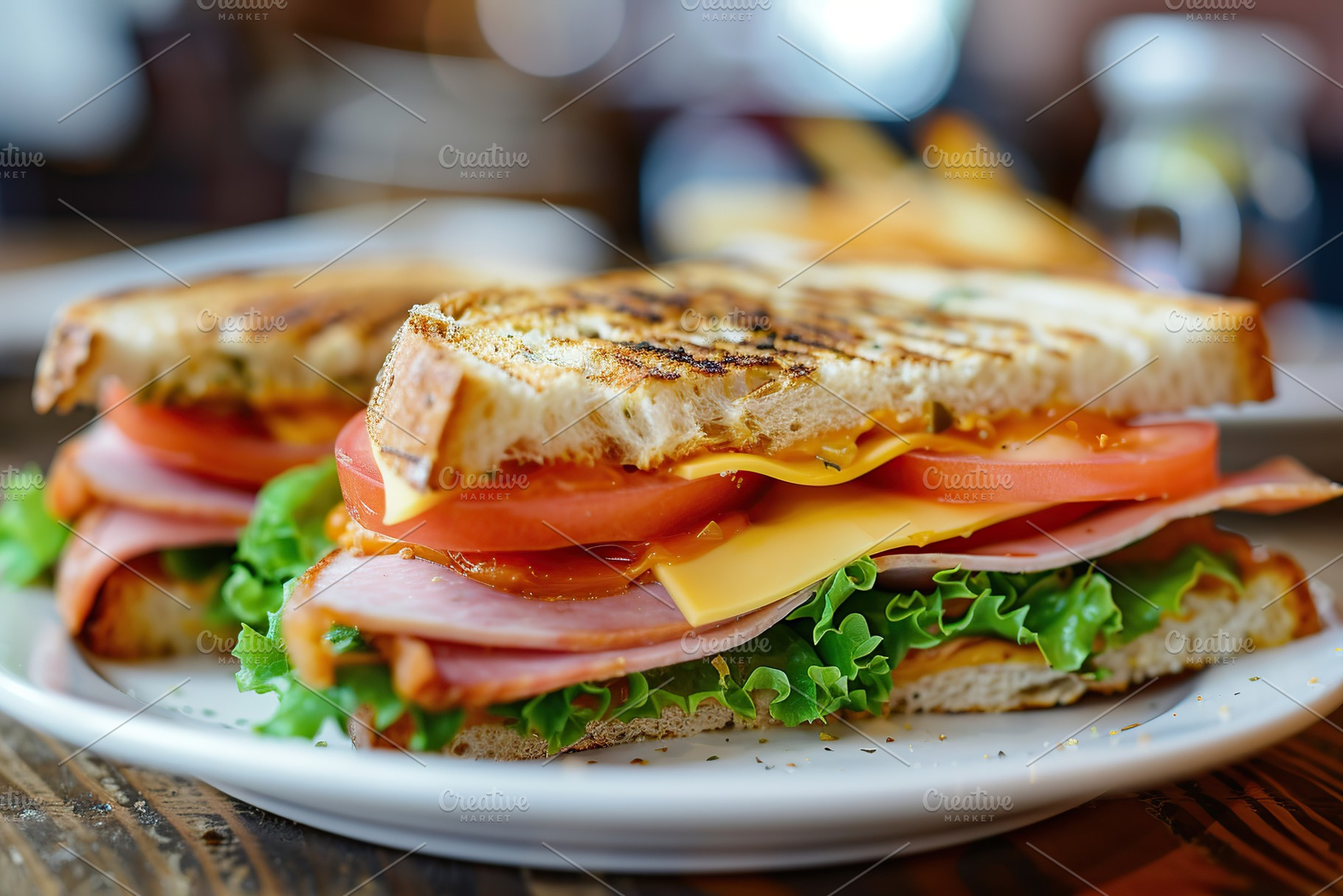 Toast sandwich with cheese, turkey ham, tomato and fresh lettuce on wooden tabl, a Food & Drink Photo by AlyaAnd