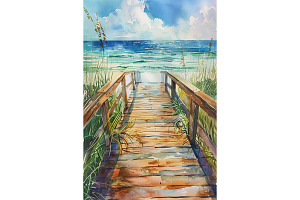 Sunlit Beach Boardwalk Watercolor, an Animal Illustration by Art Paradise Studios