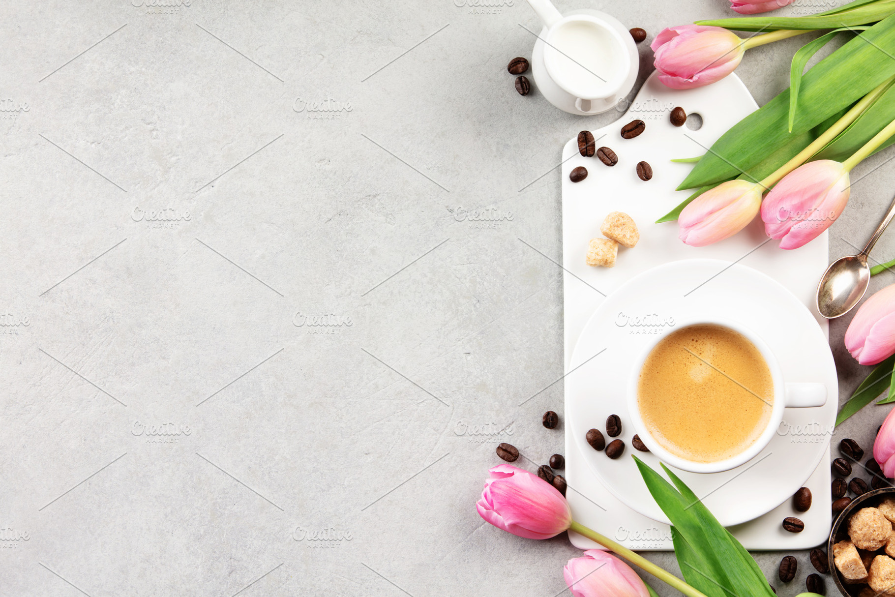 Spring Coffee Flat Lay with Tulips and Coffee Beans, a Food & Drink Photo by Natalia Klenova's Shop