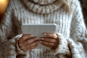 Cozy female holding a tablet in a warm, knitted sweater, creating a sense of co, a Person Photo by ImageMir