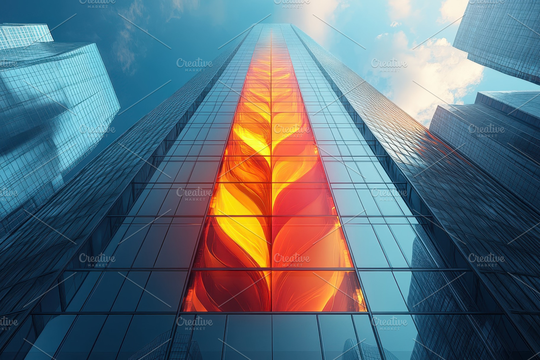 Modern skyscraper facade featuring v, a Photo by Tanuart