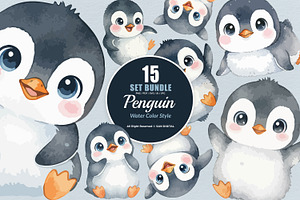 15 Bundle Watercolor Cute Penguin, an Animal Illustration by Morspective