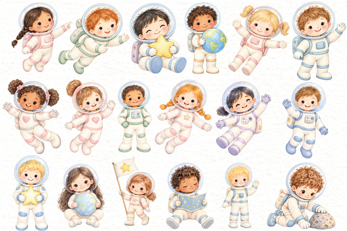 Watercolor Astronaut Clipart Bundle, a Person Illustration by Villa 11 Estudio (Photo 2 of 7)