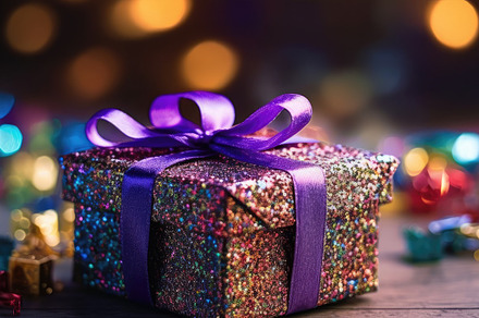 A close - up shot of a festive gift box against bokeh background, a Holiday Photo by designvectx