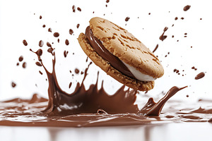 Sweet sandwich cookie falling into chocolate milk, a Food & Drink Photo by AlyaAnd