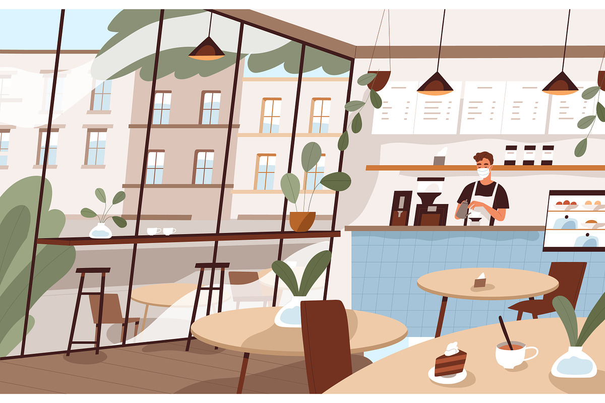 Cafe interior and barista at counter, a Food Illustration by Good Studio