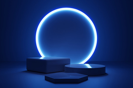 Cyberpunk blue empty podium with glowing lamp frame in the dark for product pre, an Arts & Entertainment Photo by Ministocker