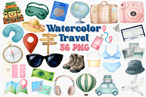 Watercolor Travel Clipart Set, an Illustration by CropUp Creative