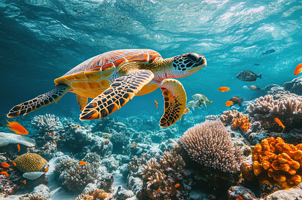 Sea turtle swims gracefully in cryst, a Background Photo by Pixeness